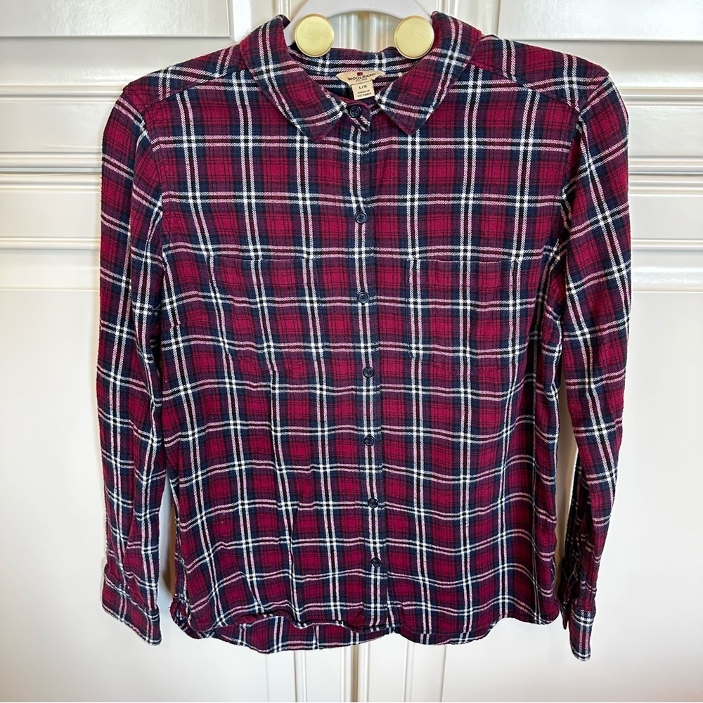 Woolrich‎ Womens Burgundy Plaid Collared Cotton Flannel Button Front Shirt Top L